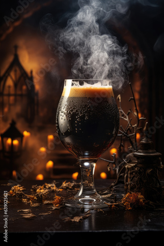 Cool dark beer in the glass, dark table with candles scene