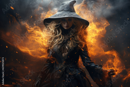 Woman as witch on halloween in the fire flames