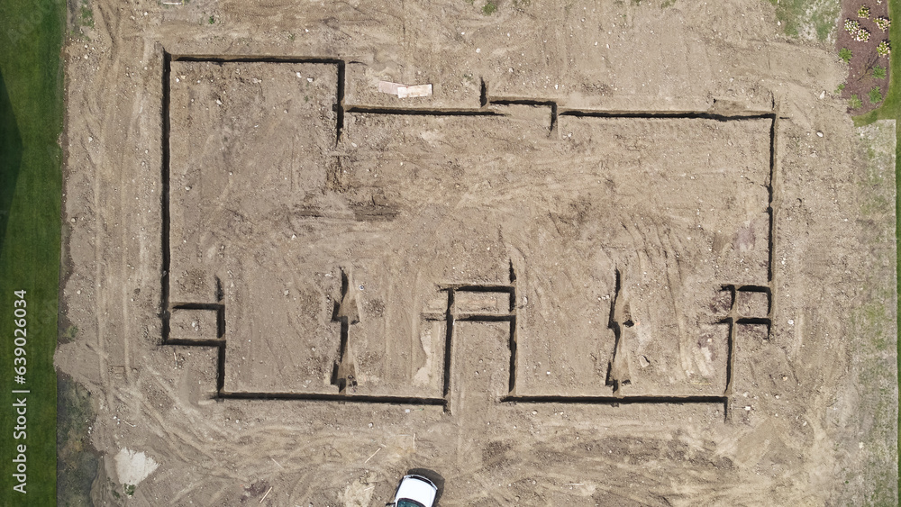 Obraz premium Drone above photo. Element of house family construction site and ready house. wide photo