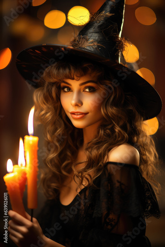 Beautiful woman in a hat as a witch on halloween holds a candle