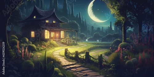 Beautiful landscape of garden at night with big crescent moon, digital art style, illustration painting