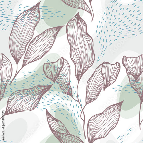 Sketch style doodle line texture leaves over stains and dots seamless vector ...