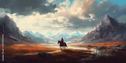 Beautiful scenery showing a man riding a horse against a stunning landscape, digital art style, illustration painting
