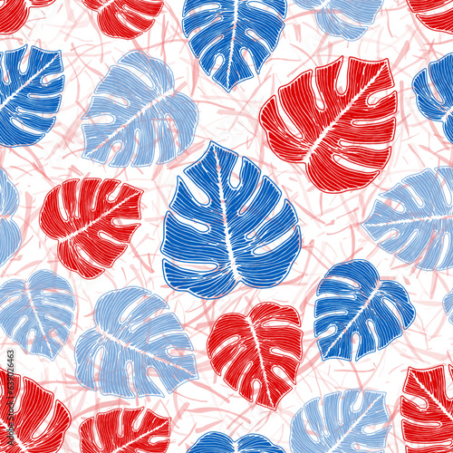 Monstera plant foliage floral repeat rapport over noisy background. Abstract