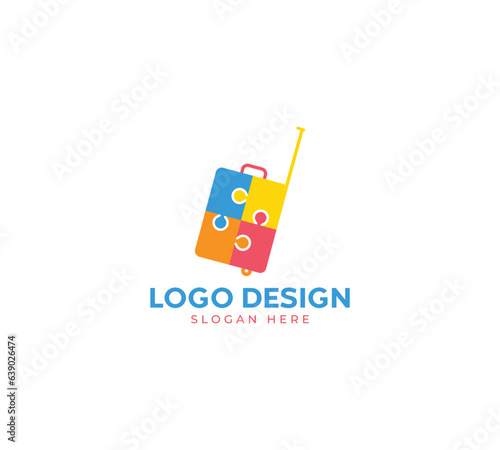 Baby travel bag packing game logo design, Abstract logo design, travel bag packageing design on luxury background. Travel bag with puzzle concept with black background