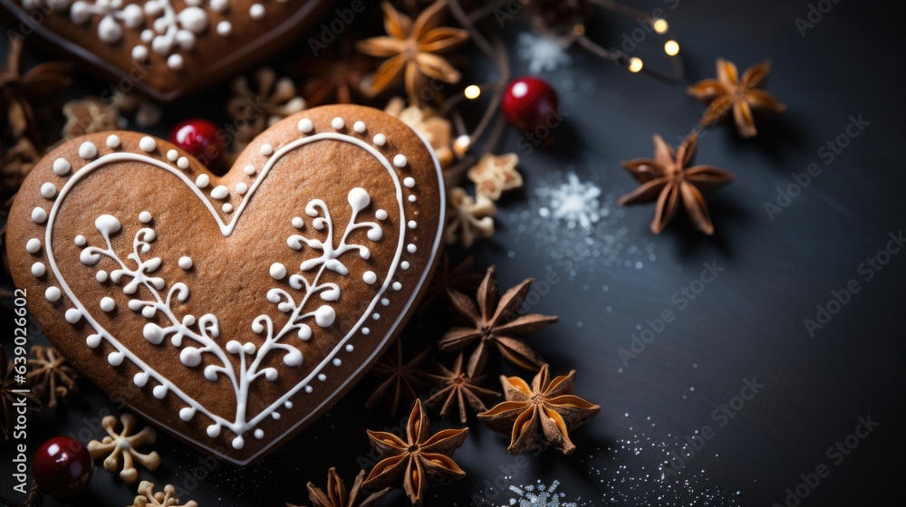Gingerbread in the form of a heart with a beautiful circled glaze. A concept for Valentine's Day. Festive pastries