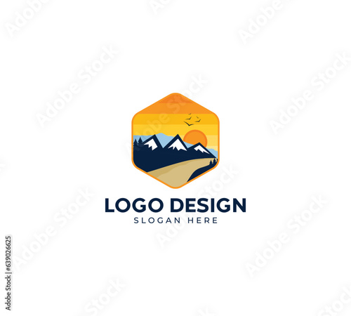 Travel logo design, Abstract mountain logo design, river plam tree design on luxury background, sunset concept, travel logo design with black background.