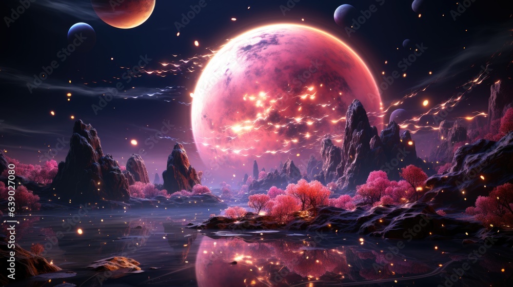 a beautiful cosmic landscape with a pink planet in pink clouds. Pink doll planet. Pink puppet style, in outer space, pink doll universe - obrazy, fototapety, plakaty 