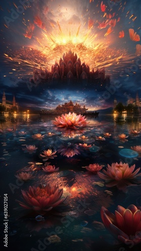 A postcard for the Diwali holiday . A luminous lotus with a castle behind , a salute and a reflection in the water