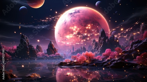 Foto a beautiful cosmic landscape with a pink planet in pink clouds