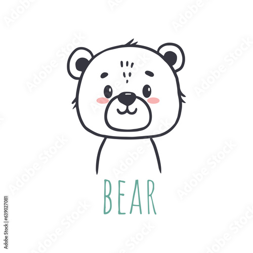 funny bear in  cartoon style. Flat animal. Doodle illustration of bear head for cards, magazins, banners. Vector