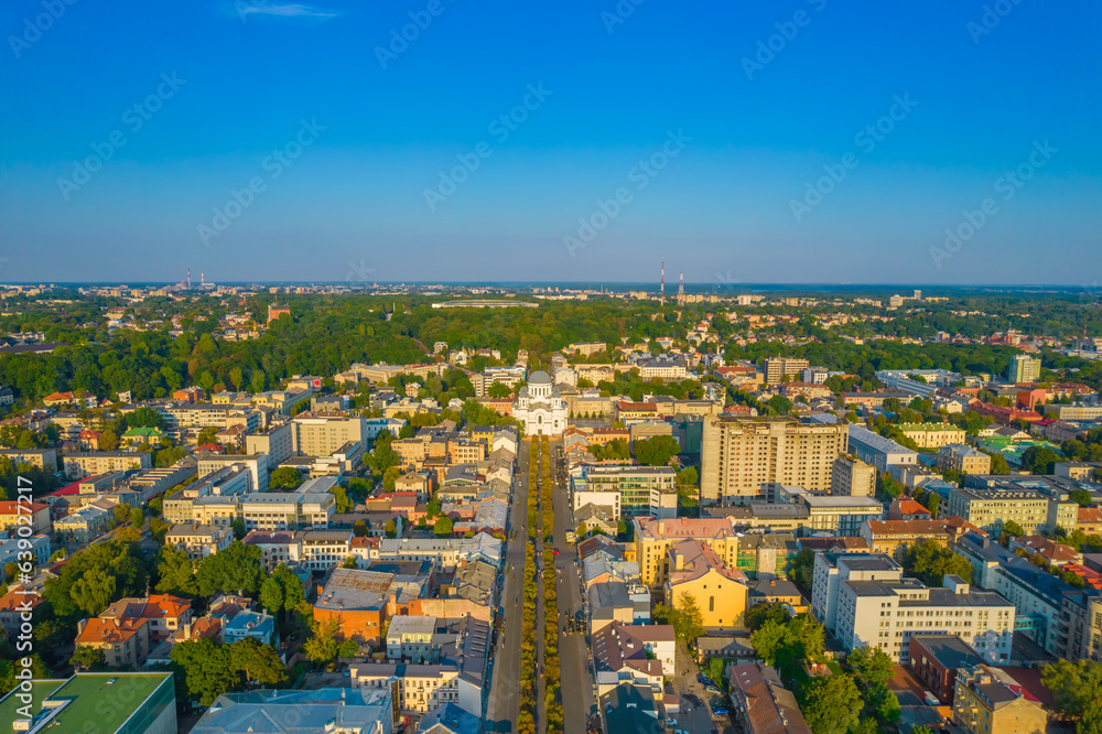 Kaunas city center and Freedom Avenue, Laisves aleja in Lithuania. Aerial drone view of alley in summer.
