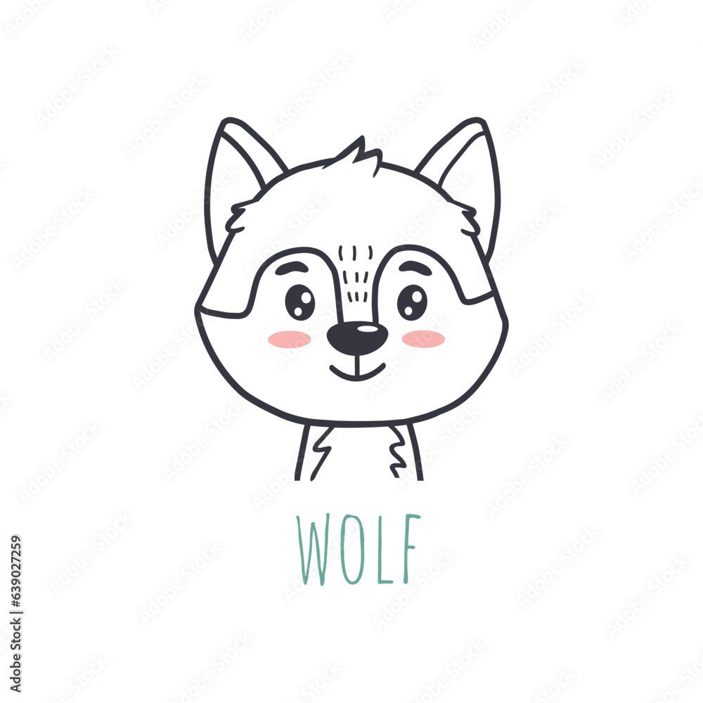 funny wolf in cartoon style. Flat animal. Doodle illustration of wolf head for cards, magazins, banners. Vector funny wolf in cartoon style. Flat animal. Doodle illustration of wolf head for cards, magazins, banners. Vector