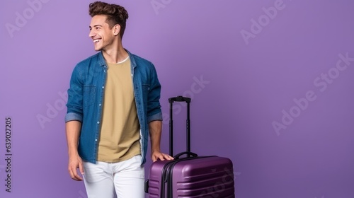 Full size profile side photo of young man happy positive smile travel abroad tickets bag isolated over violet color background