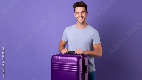 Full size profile side photo of young man happy positive smile travel abroad tickets bag isolated over violet color background