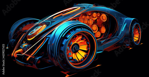 The futuristic design of a fast mini sports car. Colorful design of dark cyan and orange colors. Generative AI