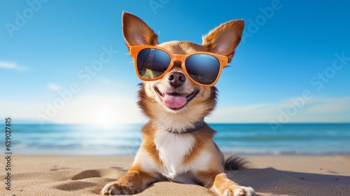 Funny chihuahua dog posing on a beach in sunglasses © Akbar