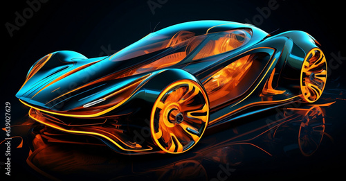 Futuristic electric sports car. Luxury, elegant, and colorful design. Dark cyan and orange. Generative AI.