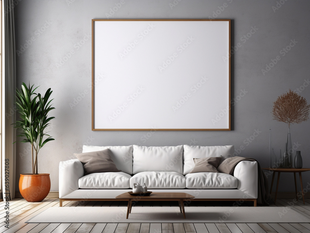 Fototapeta premium Mock up blank frame on wall. Modern interior background, living room