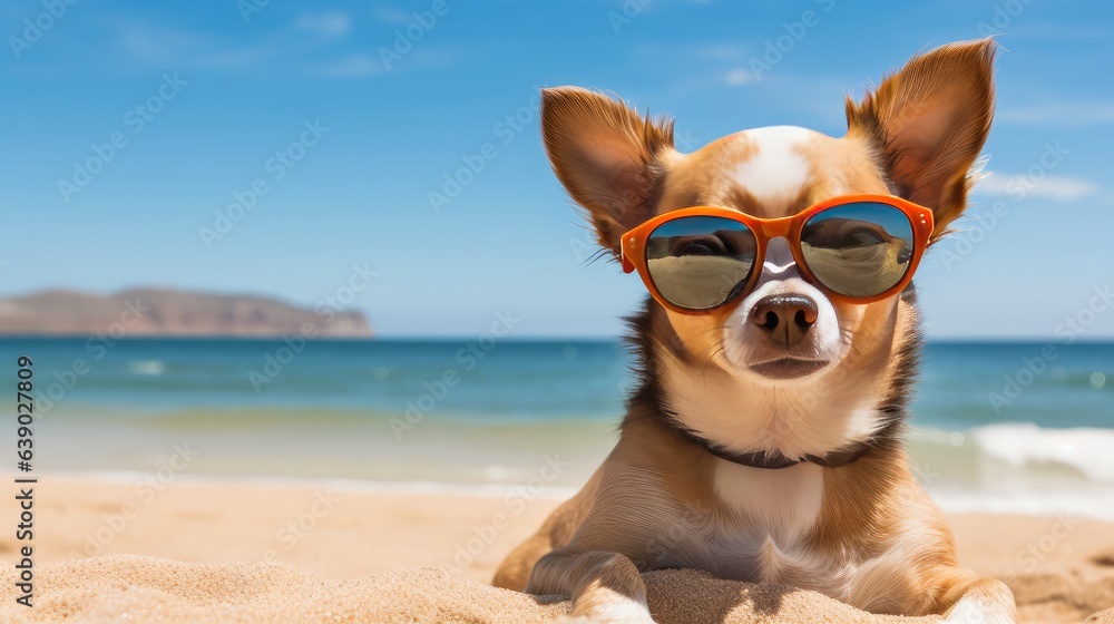 Funny chihuahua dog posing on a beach in sunglasses Funny chihuahua dog posing on a beach in sunglasses