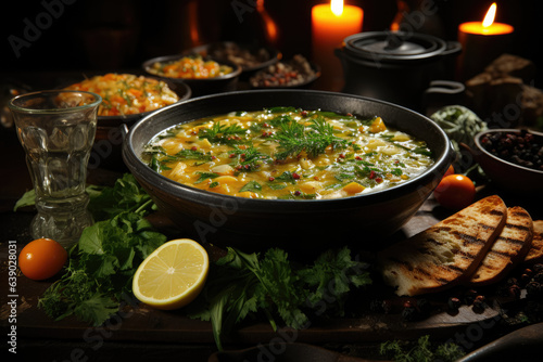 Traditional homemade lentil soup. Generative Ai.