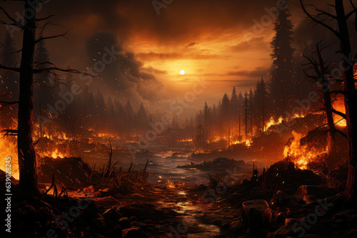 Depiction of a forest wildfire, charred trees, and the influence of climate change and extreme heat in fueling such natural disasters. Generative Ai. © Sebastian
