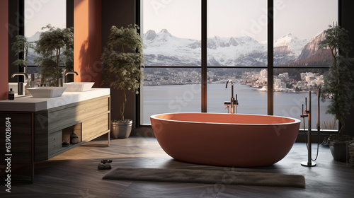 Interior design of spacious bath room decorated with red bathtub and large window displaying scenic montains view © Kiyan