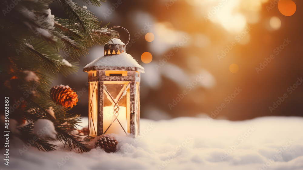 Old christmas candle lantern in snow against blurred forest background. Selective focus and shallow depth of field. Old christmas candle lantern in snow against blurred forest background. Selective focus and shallow depth of field.