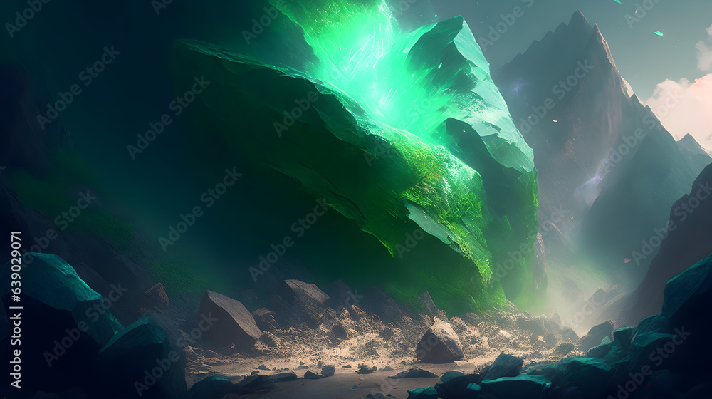 A massive boulder explodes, sending rocks and debris tumbling down the mountainside. A mystical green aura emanates from the shattered fragments - obrazy, fototapety, plakaty 