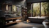 Interior design of spacious bath room decorated with  large window displaying scenic view