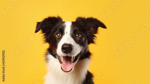 Funny studio portrait of cute smilling puppy dog border collie isolated on yellow background. New lovely member of family little dog gazing and waiting for reward. Pet care and animals concept © Akbar