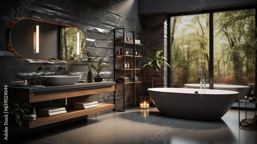 Interior design of spacious bath room decorated with large window displaying scenic view