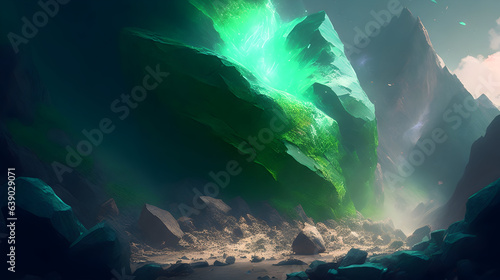 A massive boulder explodes, sending rocks and debris tumbling down the mountainside. A mystical green aura emanates from the shattered fragments photo