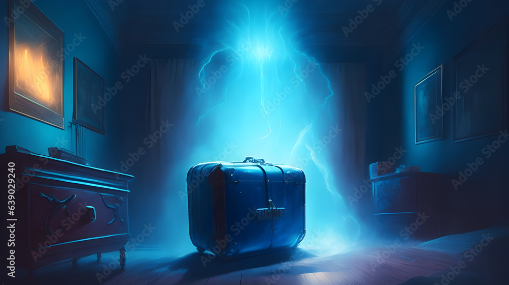A mysterious suitcase suddenly explodes, sending its contents flying through the air. A glowing blue light emanates from the suitcase, filling the room with a strange energy. The location is a dimly l - obrazy, fototapety, plakaty 