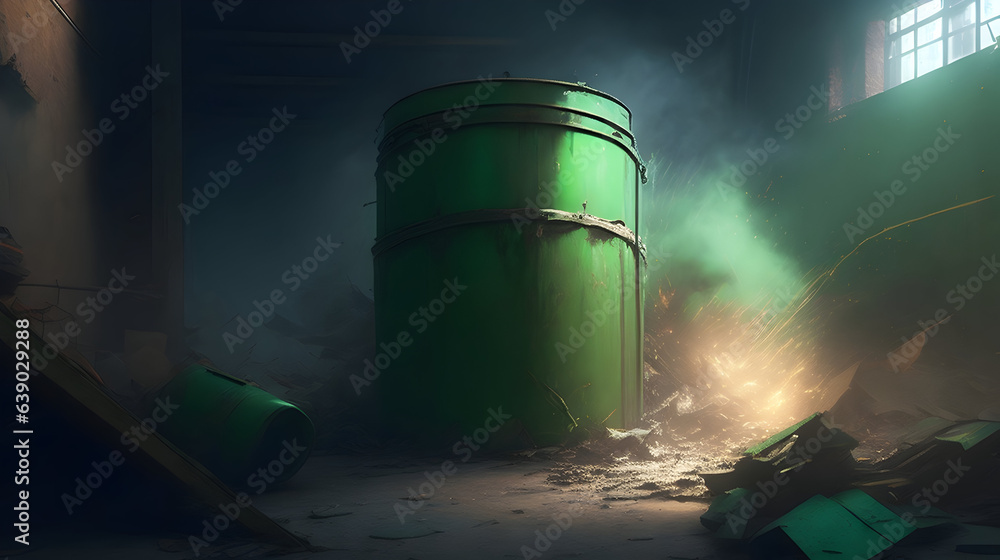 A rusted old canister in a deserted warehouse suddenly explodes, sending metal shards flying in every direction. The cause? A volatile chemical reaction within the canister. The warehouse is bathed in - obrazy, fototapety, plakaty 