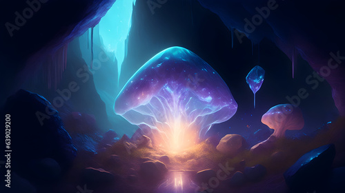 A mysterious crystal begins to glow brighter and brighter until it explodes, revealing a dazzling display of light and energy. The location is a dark cave with glowing mushrooms and crystals lining th