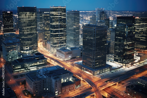 Aerial view of office buildings and traffic in downtown at night photo
