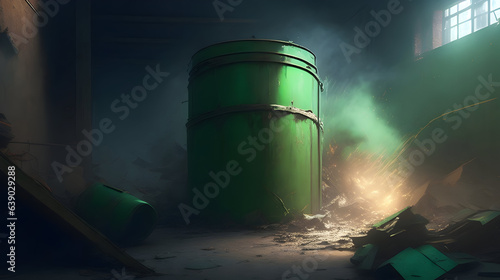 A rusted old canister in a deserted warehouse suddenly explodes, sending metal shards flying in every direction. The cause? A volatile chemical reaction within the canister. The warehouse is bathed in photo