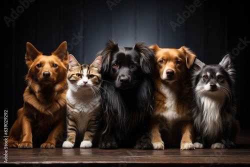 Group of dogs and cat in a studio on a black background.