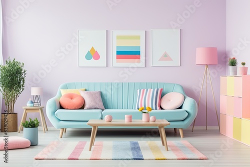 Modern interior. Vibrant pastel girly living room, cozy blue couch, pastel pillows and colorful painting at walls. Generative AI. photo