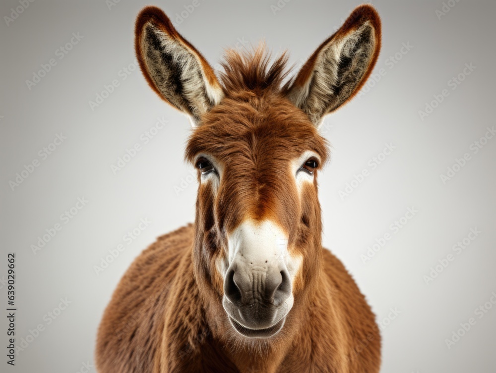 Portrait of a donkey on a gray background. Close-up.