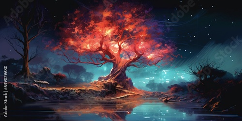 Illustration painting of night landscape with glowing tree