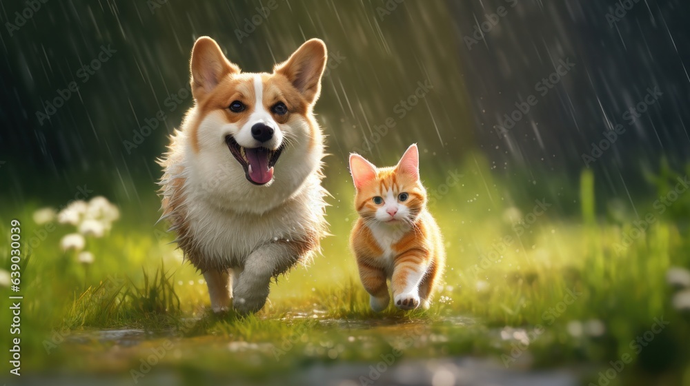 Furry friends red cat and corgi dog walking in a summer meadow under the drops of warm rain