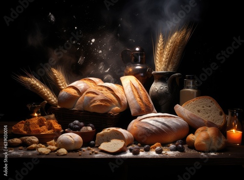 Different kind of natural breads. Fresh loafs of bread in the blue basket with ears of rye and wheat on a black background. Crunchy french baguettes. Soft focus style, closeup,