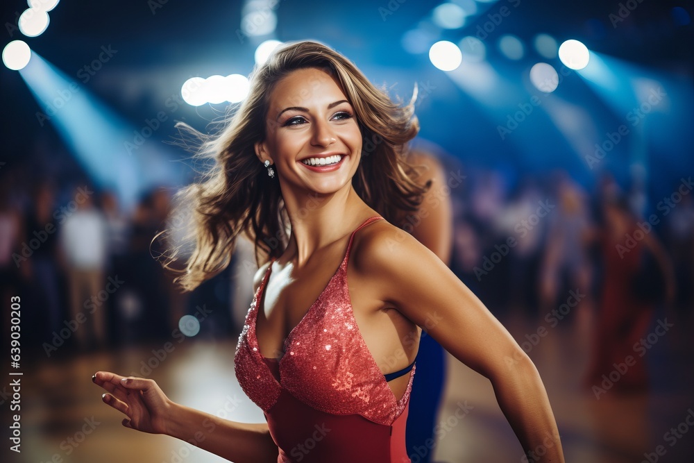Portrait of beautiful young woman dancing at night club. Girl looking at camera.