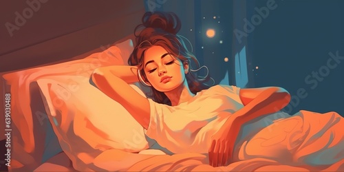 Lofi girl laying on the bed. Smooth atmosphere, hip hop. Soft colors, soft lights flat bright colors