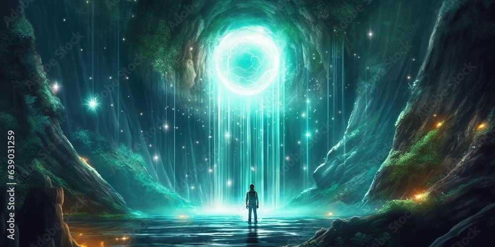 Man looking at the glowing light ball floating above waterfall in enchanted forest, digital art style, illustration painting