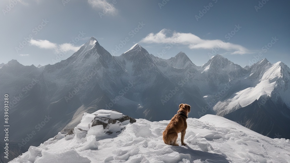 A dog sits high in the mountains looking up at the high snow-capped peaks