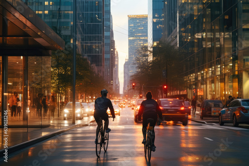 Two people riding a bicycle in the busy city on the evening