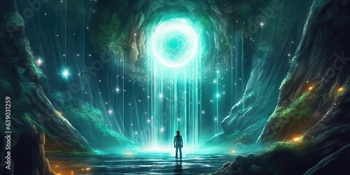 Man looking at the glowing light ball floating above waterfall in enchanted forest, digital art style, illustration painting